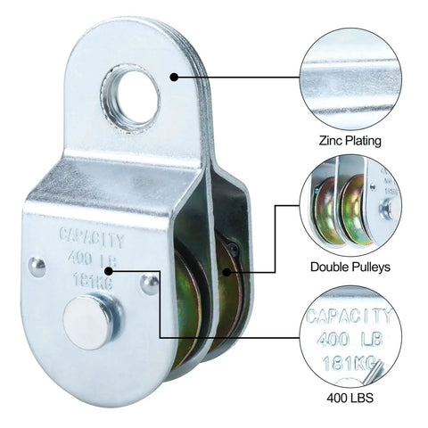 Badass Heavy Duty Two Pack One Point Five Inch Steel Double Pulleys Rated Solid For 400 Lbs with zinc plating and double pulleys.