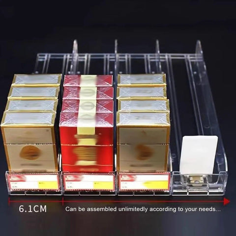 Pro Level Clear Acrylic Automatic Cigarette Display Rack With Smooth Operator Pusher And Divider Tray For Retail Tobacco. Display with cigarettes.