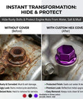 Badass Universal Motorcycle Bolt Covers, Rugged Hexagon Metal Engine Nut Caps shown covering rusty nut before and after, highlighting protection.