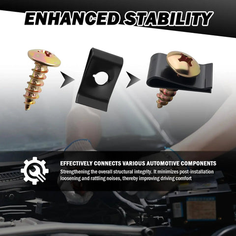 Kickass Premium Heavy Duty Automotive Trim Clip And Screw Assortment Kit With M3 M4 M5 M6 Metal Fasteners showing a screw and clip for enhanced stability.