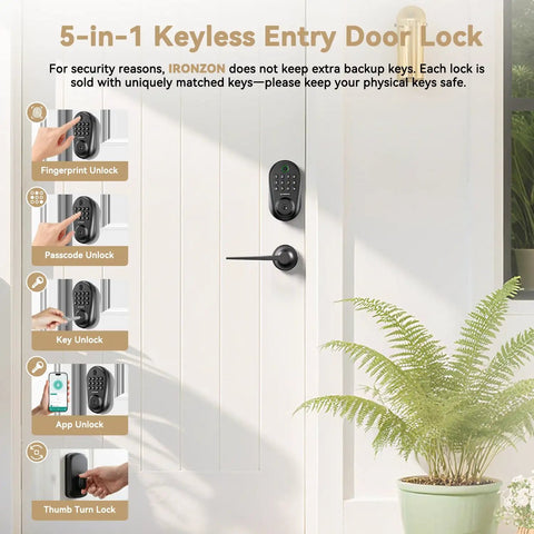 Rock Solid 5 In 1 Smart Deadbolt With Handle Fingerprint Scanner And Keypad Keyless Entry Door Lock Wifi App Remote Access No Sweat Auto Lock And Privacy Mode Matte Black displayed on a door with remote access features.