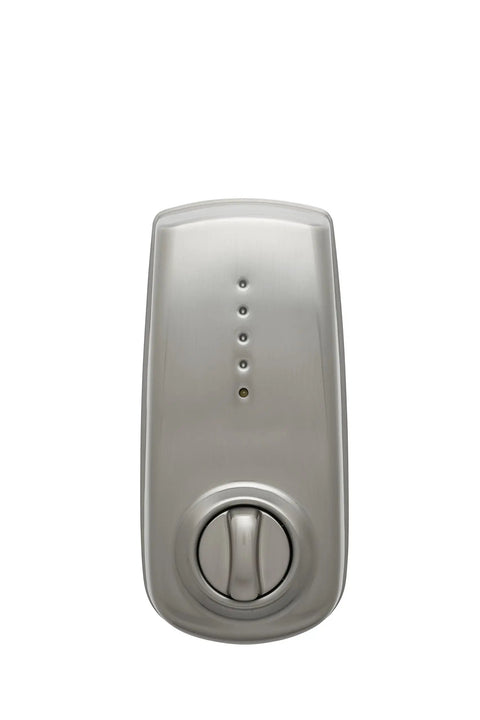 Front view of Heritage Electronic Keypad Deadbolt in Satin Stainless Finish with motor driven latch.