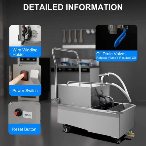 Detailed view of Niakidd Commercial Deep Fryer Oil Filter Machine, featuring power switch, reset button, and oil drain valve.
