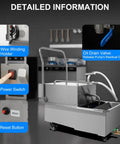 Close-up of the Heavy Duty Commercial Fryer Filter Machine features, showcasing the oil drain valve, power switch, and wire winding holder.
