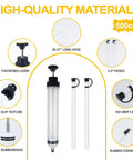 Grease Monkey Pick Fluid Extractor Pump With 39 Inch Hose And Reinforced Extension Tubes, showing 500cc oil extractor with thickened lever and dual rubber rings.