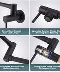 Solid Brass Pot Filler Faucet With Matte Black Finish Wall Mount Folding Kitchen Sink Filler Faucet Retractable 360 Degree Swivel No Fuss Single Hole With Dual Handles For Stove And Sink, showing close-up details on brass construction and swivel joint.