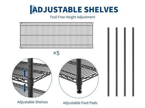 Adjustable shelves for Tough As Nails Rock Solid Heavy Duty Metal Storage Rack Five Tier Wire Shelf, carbon steel construction.