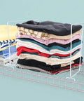Eight Pack Heavy Duty Wire Shelf Dividers To Keep Your Closet Space Square And Spotless No More Topple Junk Slick Steel Rack Separators with stacked clothes.