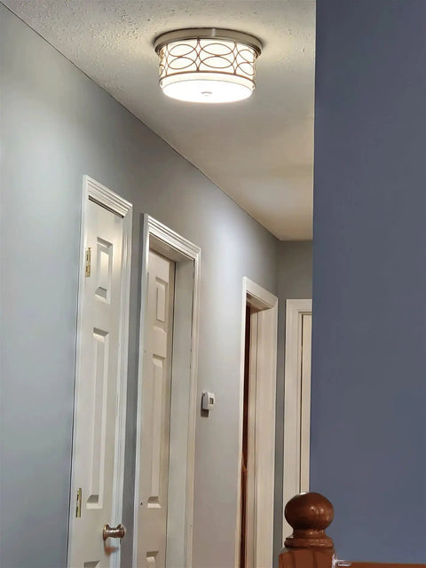 13 Inch Modern Lattice Drum Flush Mount Ceiling Light With Two Lights In Brushed Nickel Finish in hallway