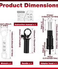 Beefy Cordless Drill Rivet Attachment Kit dimensions showing wrench, handle, and adapter head sizes with instruction manual