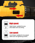 Skip The Hassle And Get Some Real Work Done With This Cordless Power Drill Packing A High Torque Motor Quick Change Chuck And Comfort Grip For Stress Free Woodwork Tasks, displaying speed settings for high and low torque.
