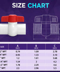 Six Pack Heavy Duty PVC Shut Off Ball Valves Featuring One Inch NPT Female Threads And Red T Handles Rated To 150 PSI size chart with dimensions.