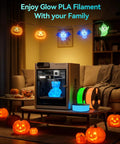 Glow In The Dark PLA Filament 1.75mm 4 Pack Bundle For 3D Printing displayed in a cozy home with glowing toy and pumpkins.