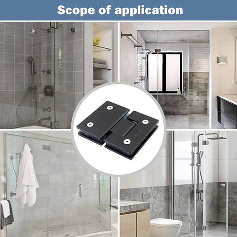 Ultra Heavy Duty Shower Glass Door Hinges Matte Black Two Way Pivot Hardware Built Different For Frameless Bathroom Doors 8 To 12 Millimeter Thick in various bathroom settings.