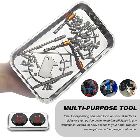 Magnetic Tray Set With Telescoping Magnet Pickup Tool 4 Piece Stainless Steel Round And Rectangular Trays For Screws Nuts Bolts Pro Grade Heavy Duty Automotive Shop Organizer, rectangular tray with screws and tools