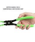 Hand holding adjustable spark plug boot pliers with five positions for easy access to hard to reach boots, green dipped handles