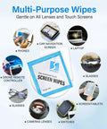 Streak Free Crystal Clear Electronic Wipes For Screens Pre Moistened Screen Cleaner Wipes For Phone Laptop Monitor Car Screen And Glasses Non Scratch Formula 240 Count No Fuss packaging with electronic devices displayed.