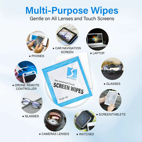 Streak Free Crystal Clear Electronic Wipes For Screens Pre Moistened Screen Cleaner Wipes For Phone Laptop Monitor Car Screen And Glasses Non Scratch Formula 240 Count No Fuss packaging with electronic devices displayed.