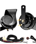 Rock Solid Premium 12V Air Horn Kit For Trucks With Dedicated Push Button And Full Relay Harness For Quick Plug And Play Swap On Any Heavy Duty Pickup Or Semi Rig components including two black air horns and wiring harness.