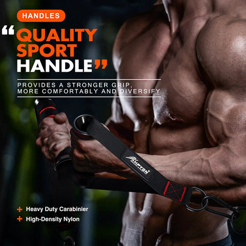 Heavy Duty Cable Exercise Handles For Home Gym Beast Mode Workouts And Pulldown Routines. Close-up of grip with carabiner and nylon material.