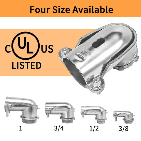 Six Pack Ninety Degree Squeeze Connectors For Three Eighths Inch AC MC FMC Flex Flexible Metal Conduit Elbow Fittings Zinc Die Cast UL Listed displayed in four sizes with UL listing badge.