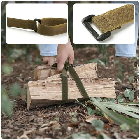 Person using Four Pack Premium Travel Luggage Tie Down Straps locking down firewood with green heavy duty straps in nature.
