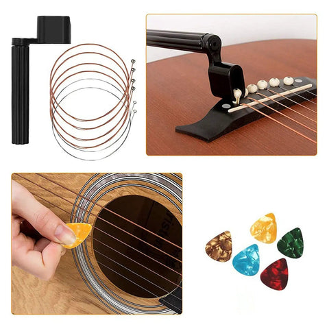 Complete 72Pc Guitar Tool Kit For Pros Includes Strings, Picks, Bridge Pins, visible strings and picks for guitars and ukuleles.
