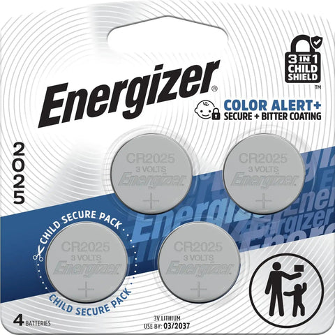 Solid 2025 Lithium Coin Batteries 4 Pack displaying four Energizer CR2025 batteries with child-proof coating and packaging.