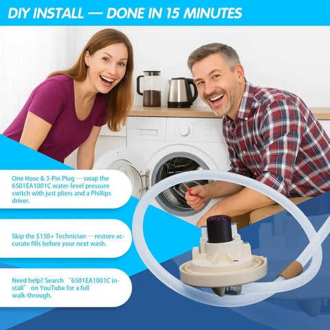 Happy couple installing Washer Water Level Sensor Switch Assembly for LG Kenmore Washers Replaces AP5204365 EBF62754506