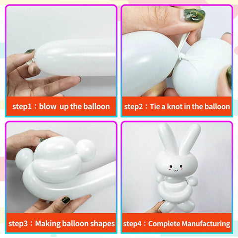 100 Pcs Clear Long Latex Model Balloons No Fuss Twisting Surface Prime Grade Heavy Duty Rubber used for balloon crafting steps.