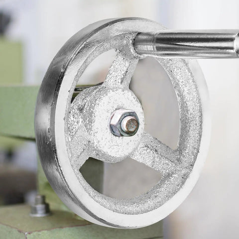 Pro Grade Ergonomic Lathe Hand Wheel Set, Carbon Steel, Chromed Finish, Square Edge Design, 2 Pack Reducing Hand Fatigue For Milling And Drilling Machines, Universal Fit For Long Run Sessions close-up mounted on machine