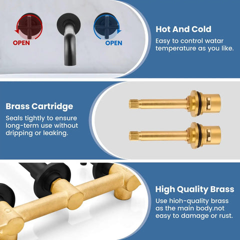 Solid Brass Widespread Wall Mount Bathroom Faucet With 360 Degree Swivel Spout Matte Black Finish Double Cross Handles Rough In Valve Wall Mounted Lavatory Sink Mixer Tap For Vanity 8 Inch Centers Built Tough For Everyday Use showcasing brass cartridge and quality brass construction.