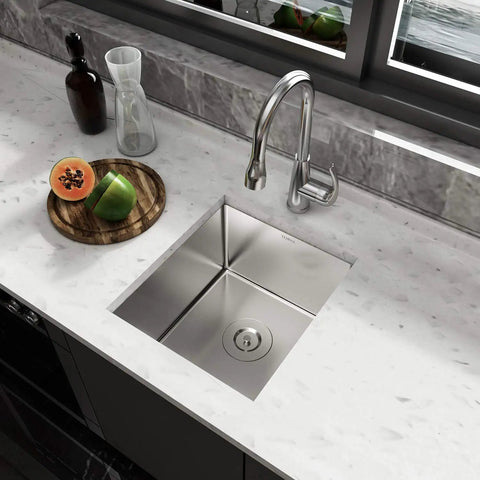 Overhead view of Undermount 13x15 Inch Single Bowl Kitchen Sink in Premium 304 Stainless Steel, 8 Inch Deep Basin on marble countertop