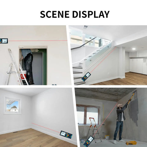 Solid Build Laser Distance Measurer With Glowing Backlit LCD And Precision Bubble Levels in various renovation scenes.