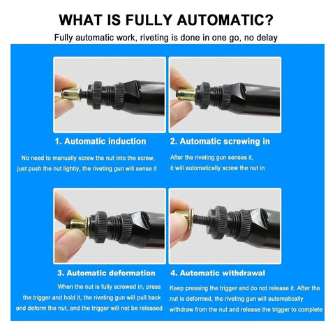Process of using Full Auto Pneumatic Hydraulic Rivet Nut Gun Set M3 To M12 One Click Reversal 7Mm Stroke with automatic functions.