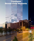 Cityscape with time-lapse effect, showing transition from day to night with vivid colors, highlighting timelapse capability.