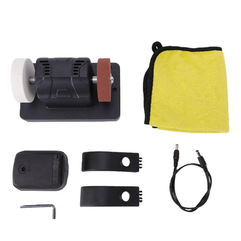 3 Inch Cordless Mini Bench Grinder With Turbo Speed Dial 2000 To 6000 RPM Dual Grinding Wheels for sharpening blades, includes accessories.