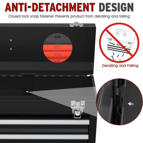 Anti-detachment design of Three Drawer Portable Tool Box With Locking System, Steel Construction, Black, smooth-glide drawers shown.