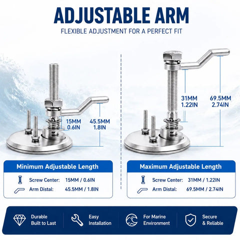 Four Pack 316 Stainless Steel Marine Cam Latches With Flush Pull Handles Heavy Duty Cam Locks for Yacht Hatches RV Compartments adjustable arm details.