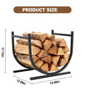 17 Inch Heavy Duty Firewood Rack Holder with stacked wood, sturdy metal log storage stand, weatherproof black finish, dimensions shown.