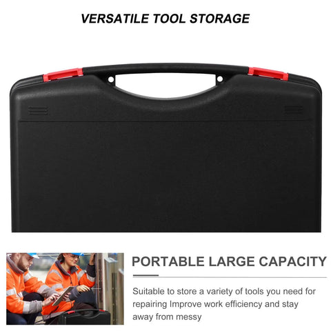 Heavy Duty Portable Plastic Toolbox With Reinforced Grip Handle Massive Multipurpose Storage Organizer For Quick Trades Shop Grind And Everyday Gear Hauling black toolbox top view with reinforced handle and red latches.