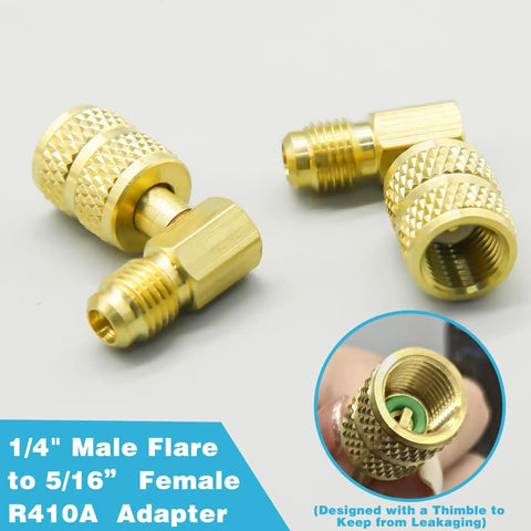Pro Grade Mini Split Adapter Kit Five Sixteenths To One Quarter Coupler With Valve Core Remover Refrigerant Hose Adapter And Vacuum Pump Kit For R410A Mini Split Air Conditioners, two brass adapters on display