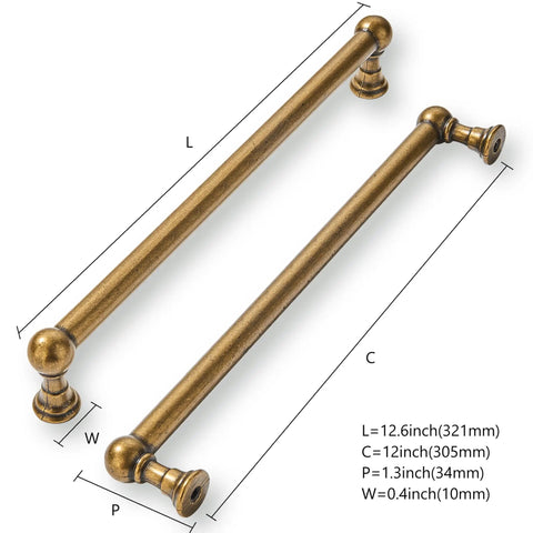 Heavy Duty Zinc Alloy Cabinet Pulls Built To Last Featuring Smooth Operation Antique Brass Hardware, 12 Inch size for kitchen drawers.