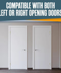 Image showing two doors with Self Closing Door Hinges With Spring Loaded Auto Close Brass 3.5 Inch Radius Five Eighths Inch Adjustable Tension Easy Install For Interior And Exterior Doors Ideal For Home Office Garage 2 Pack, compatible with left or right opening doors.