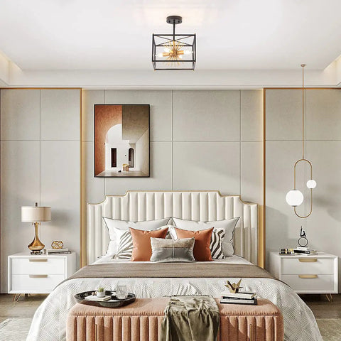 Gold Flush Mount Ceiling Light, Modern Brass Sputnik Starburst Fixture, Small 12.6 In in a chic bedroom setup