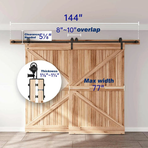 12 Ft Single Track Bypass Sliding Barn Door Hardware Kit Featuring Heavy Duty Black Powder Coated Aluminum Track With Precision Ball Bearings That Slide Like Butter for a Flawless Smooth Operation and Stylish Look with measurements and details.