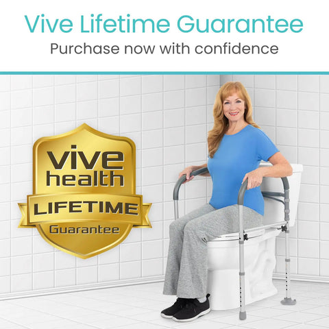 Heavy Duty Folding Toilet Safety Rail Rust Proof Bathroom Assist Bar For Seniors And Weak Knees Fsa Hsa Approved Home Upgrade Corrosion Free Steel Build Built To Last Fold Flat Wall Mount Solid Daily Stability Support with lifetime guarantee sign.