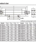 Diagram showing dimensions and model sizes for a Two Axis Digital Readout Screen For Milling Machines And Lathes High Precision DRO Display With 5 Micron Resolution Glass Metrology Scale AC Power 80 To 250V Fast Data Processing Ideal For Bridgeport Knee Mills And Other Toolroom Mills.