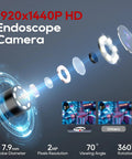 1920P HD endoscope camera features and specifications displayed, including 70-degree view, 360-degree rotation, and IP67 waterproof.