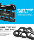 Adjustable Counting Grip Strengthener Kit 5 Pack With Forearm Strengthener Finger Trainer Finger Exerciser Grip Ring And Grip Ball Black For Rock Climbers Guitarists Drummers Wrestlers And Everyday Athletes shown with hand and finger exerciser and finger stretcher resistance band.